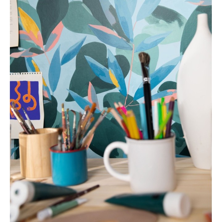 Papel pintado de hojas y plantas tonos azules y verdes con fondo verde - Shida 128656