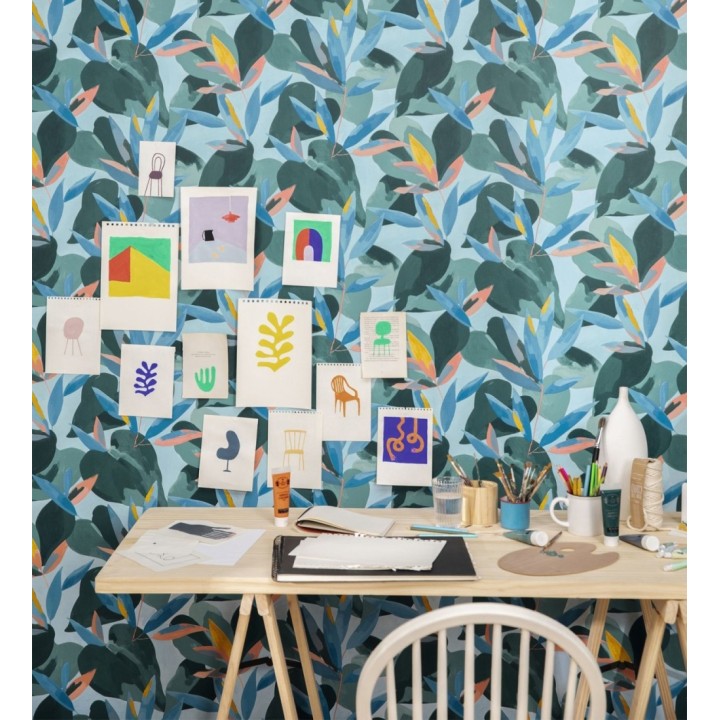 Papel pintado de hojas y plantas tonos azules y verdes con fondo verde - Shida 128656