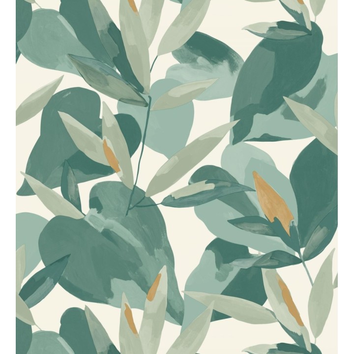 Papel pintado de hojas y plantas en tonos verdes y dorados con fondo blanco - Shida 128657