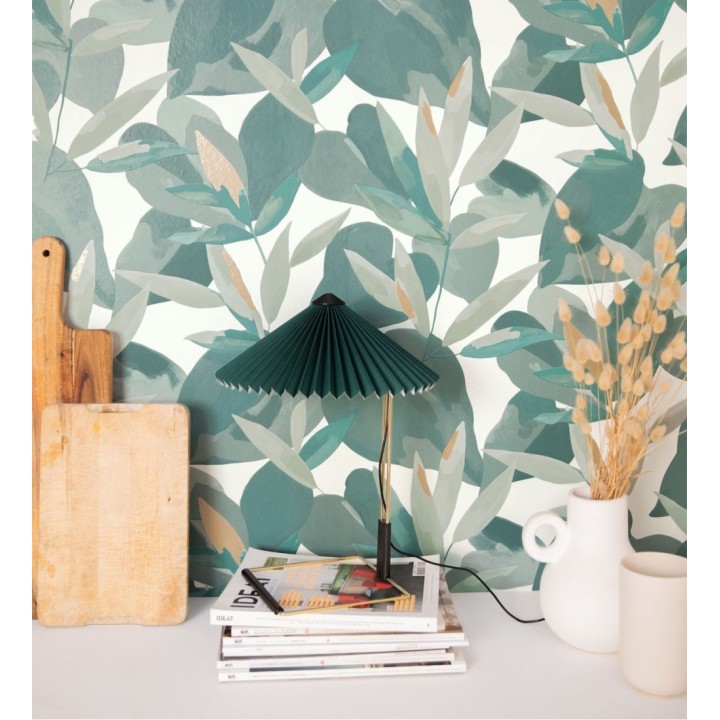 Papel pintado de hojas y plantas en tonos verdes y dorados con fondo blanco - Shida 128657