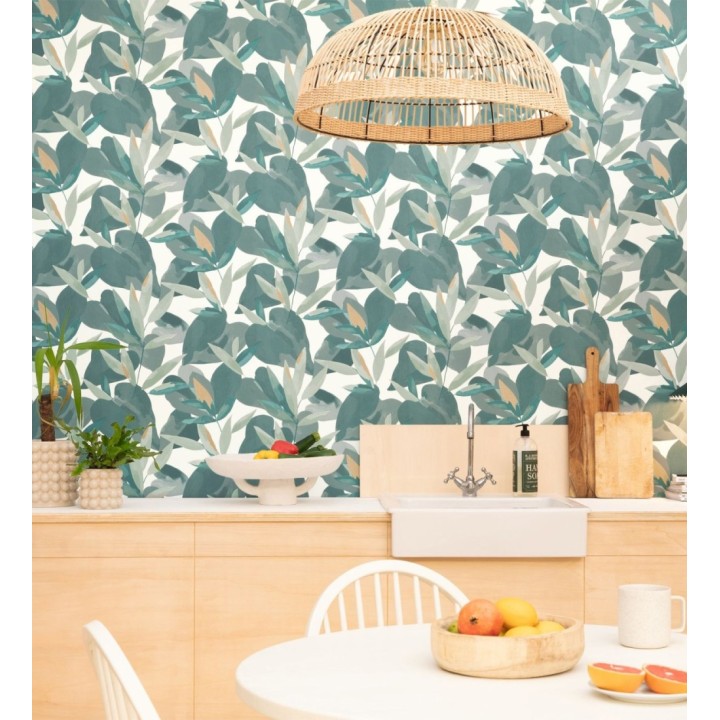 Papel pintado de hojas y plantas en tonos verdes y dorados con fondo blanco - Shida 128657