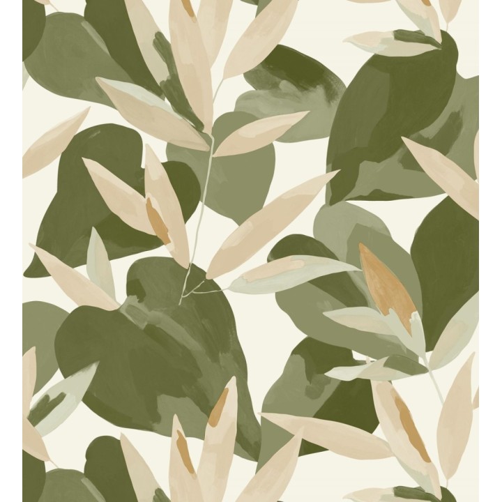Papel pintado de hojas y plantas en tonos verdes y beige con fondo blanco - Shida 128658