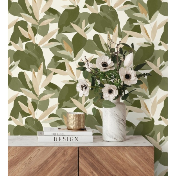 Papel pintado de hojas y plantas en tonos verdes y beige con fondo blanco - Shida 128658