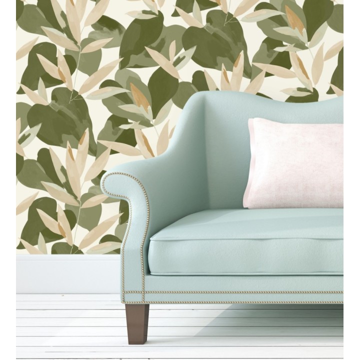 Papel pintado de hojas y plantas en tonos verdes y beige con fondo blanco - Shida 128658