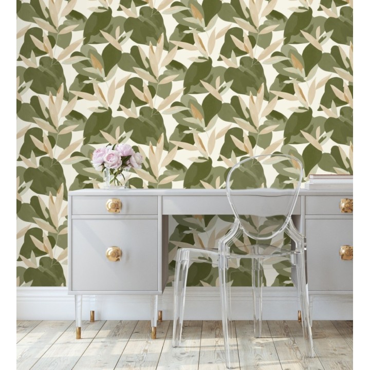 Papel pintado de hojas y plantas en tonos verdes y beige con fondo blanco - Shida 128658