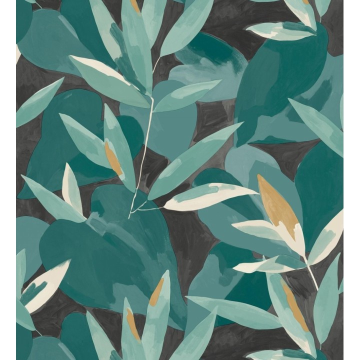 Papel pintado de hojas y plantas en tonos verdes cono fondo negro - Shida 128659