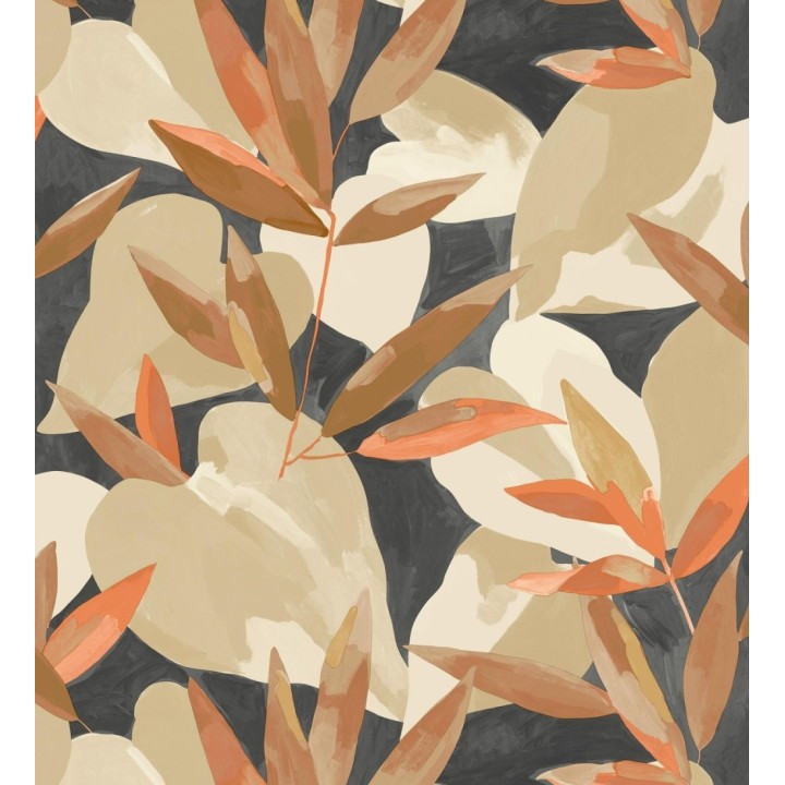 Papel pintado de hojas y plantas en tonos beige y marrón con fondo negro - Shida 128660
