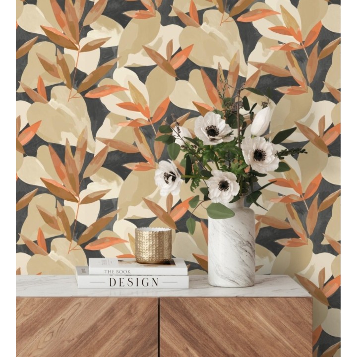 Papel pintado de hojas y plantas en tonos beige y marrón con fondo negro - Shida 128660