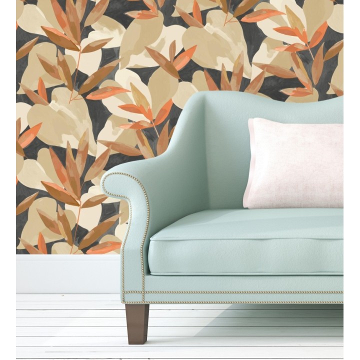 Papel pintado de hojas y plantas en tonos beige y marrón con fondo negro - Shida 128660