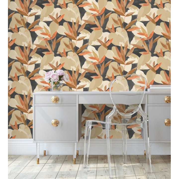 Papel pintado de hojas y plantas en tonos beige y marrón con fondo negro - Shida 128660