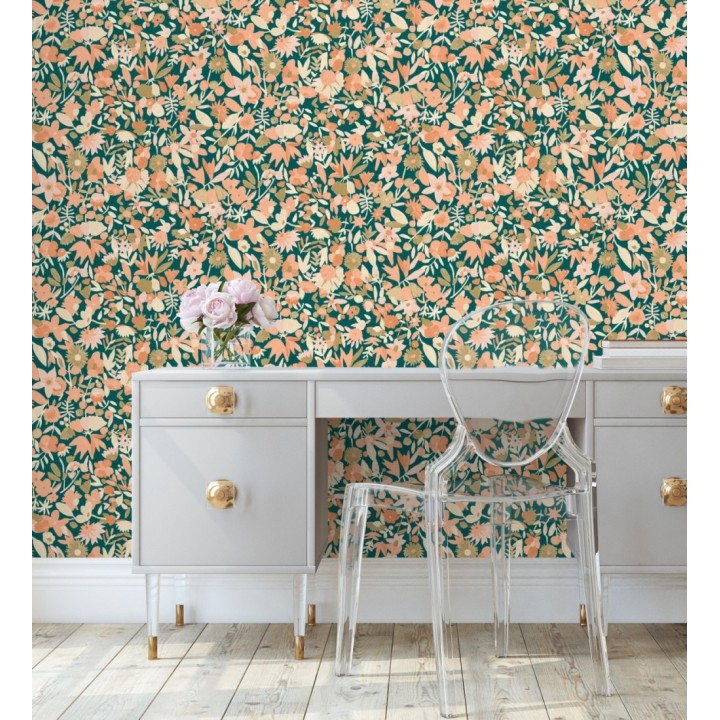 Papel pintado flores pequeñas de acuarela con detalles dorados - Ayat 128675