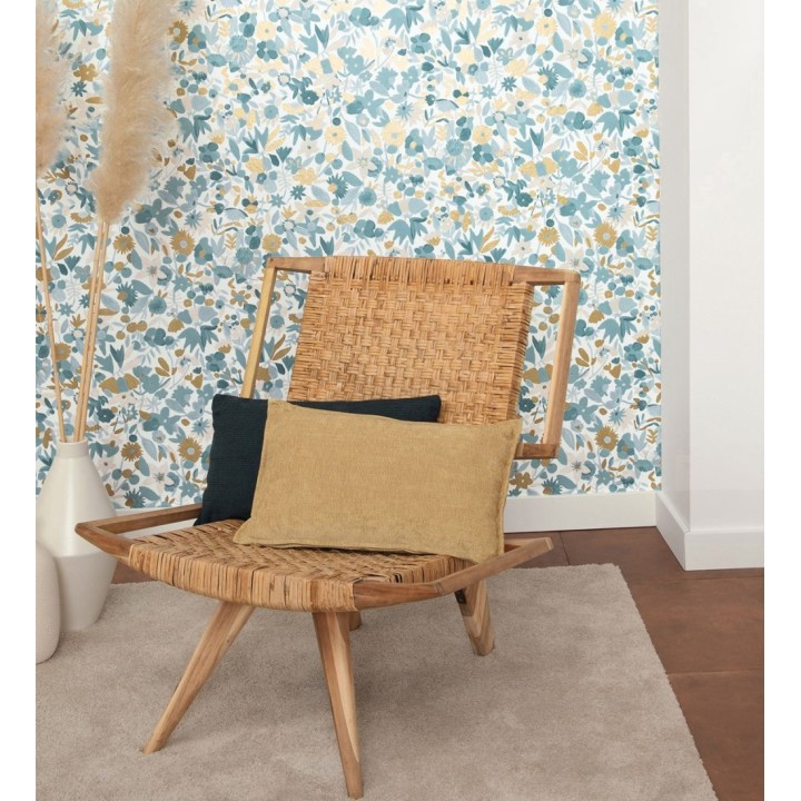 Papel pintado flores pequeñas de acuarela con detalles dorados - Ayat 128676