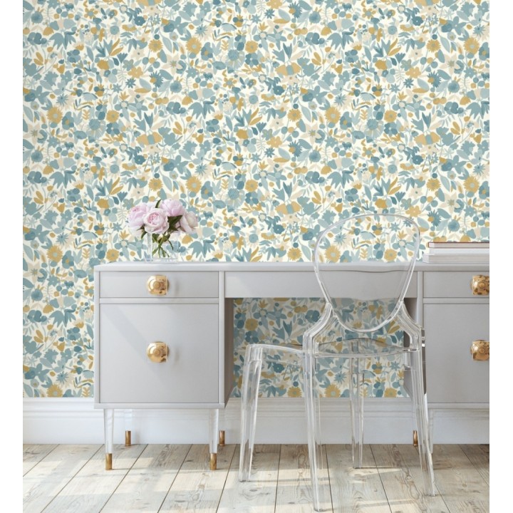 Papel pintado flores pequeñas de acuarela con detalles dorados - Ayat 128676