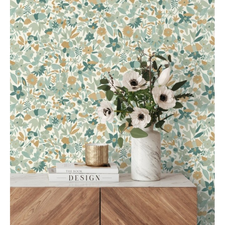 Papel pintado flores pequeñas de acuarela con detalles dorados - Ayat 128677