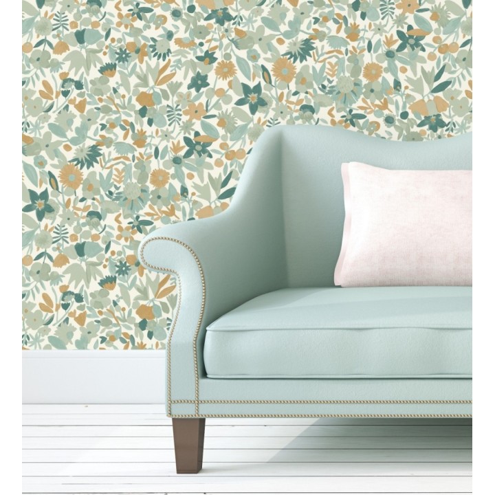 Papel pintado flores pequeñas de acuarela con detalles dorados - Ayat 128677