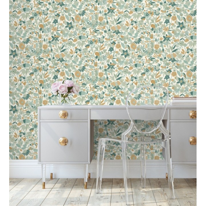 Papel pintado flores pequeñas de acuarela con detalles dorados - Ayat 128677