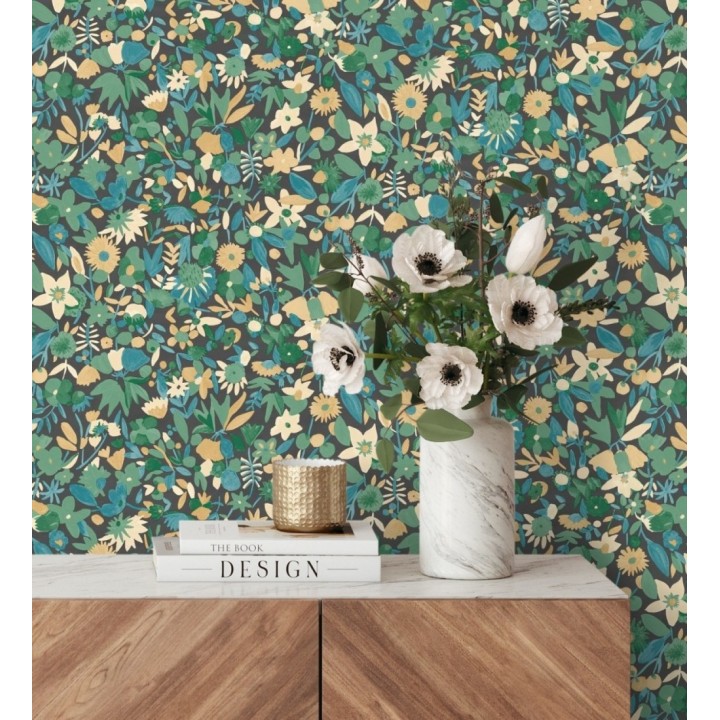 Papel pintado flores pequeñas de acuarela con detalles dorados - Ayat 128678