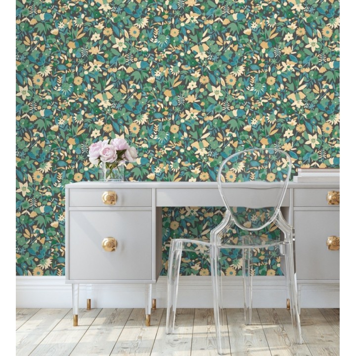 Papel pintado flores pequeñas de acuarela con detalles dorados - Ayat 128678