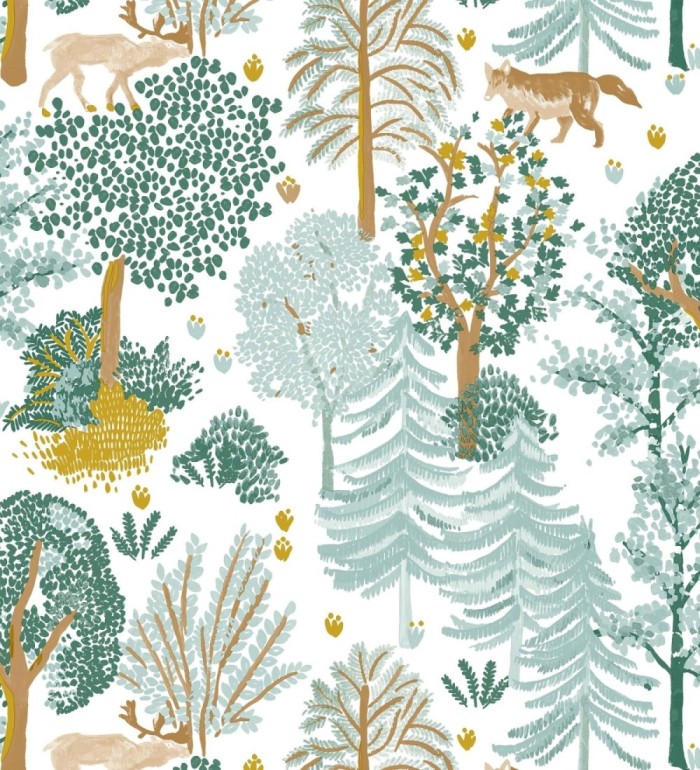 Papel pintado de árboles con ciervos y zorros - Keyan Forest 128691