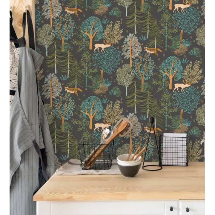 Papel pintado de árboles con ciervos y zorros - Keyan Forest 128693