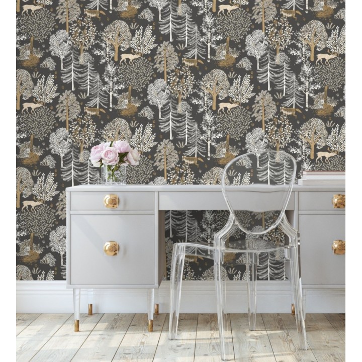 Papel pintado de árboles con ciervos y zorros - Keyan Forest 128694