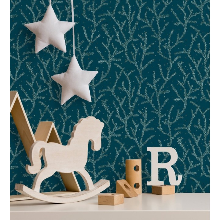 Papel pintado plantas de helechos hojas color turquesa - Canadian Leaves 128697