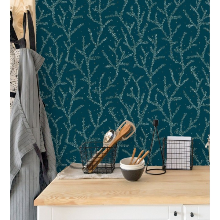 Papel pintado plantas de helechos hojas color turquesa - Canadian Leaves 128697