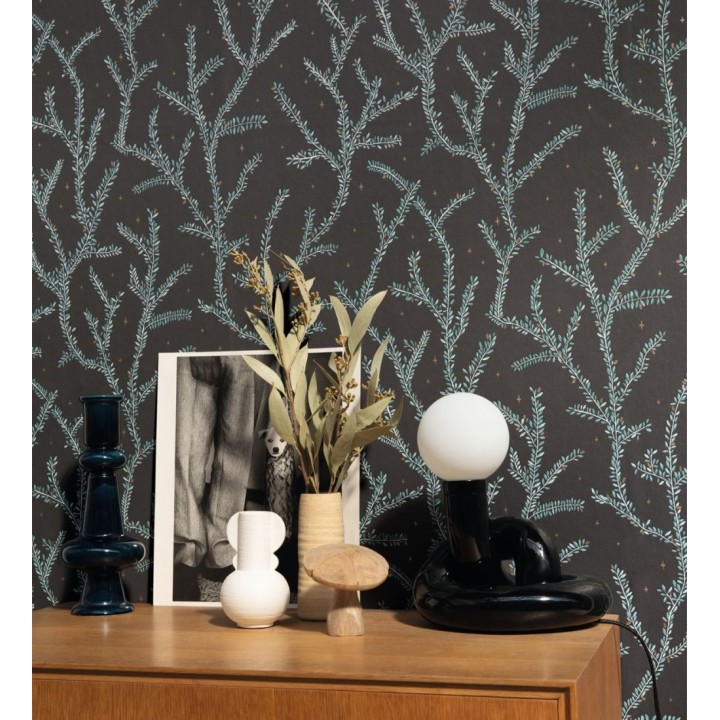 Papel pintado plantas de helechos fondo negro - Canadian Leaves 128699