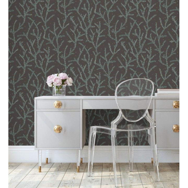 Papel pintado plantas de helechos fondo negro - Canadian Leaves 128699