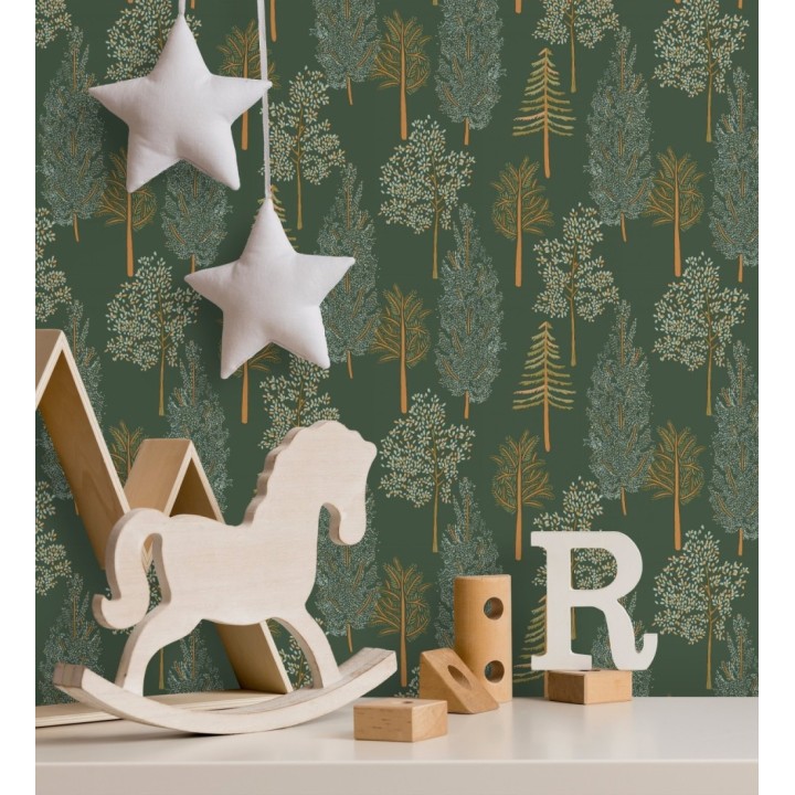 Papel pintado bosque de árboles fondo verde oscuro - Borneo Trees 128703