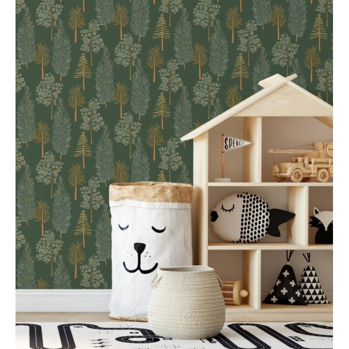 Papel pintado bosque de árboles fondo verde oscuro - Borneo Trees 128703