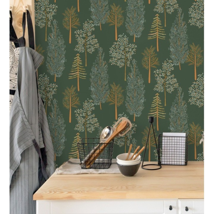 Papel pintado bosque de árboles fondo verde oscuro - Borneo Trees 128703