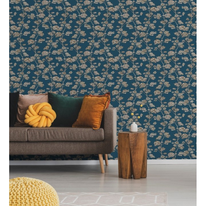 Papel pintado de hojas africanas fondo azul - Niara 128711