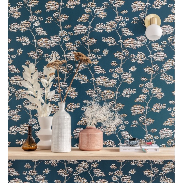 Papel pintado de hojas africanas fondo azul - Niara 128711