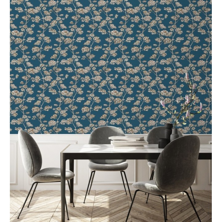 Papel pintado de hojas africanas fondo azul - Niara 128711