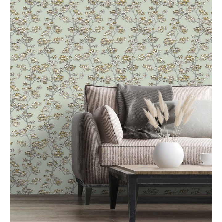 Papel pintado de hojas africanas fondo verde claro - Niara 128712