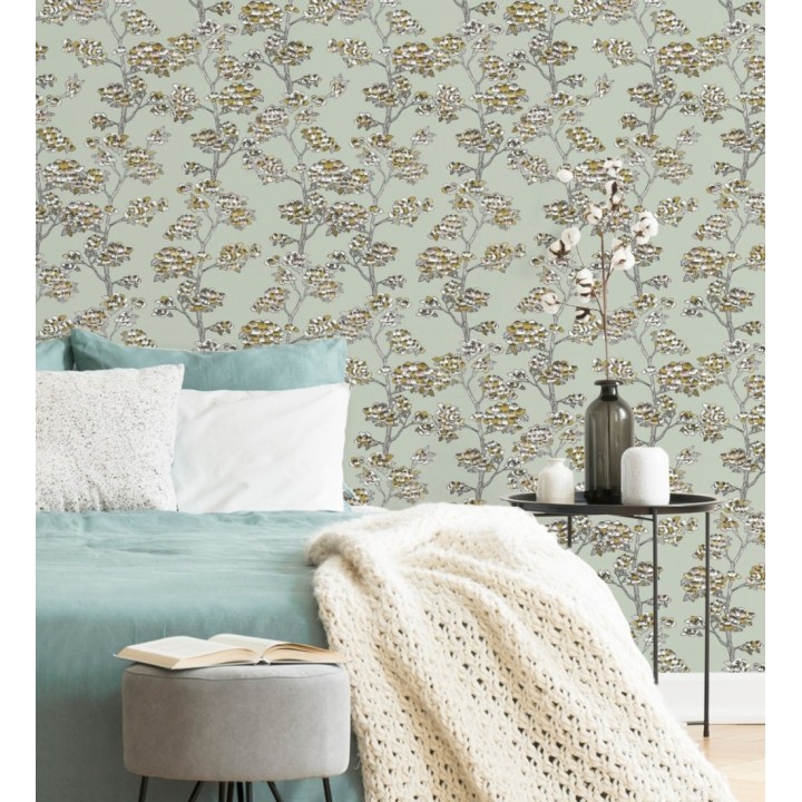 Papel pintado de hojas africanas fondo verde claro - Niara 128712