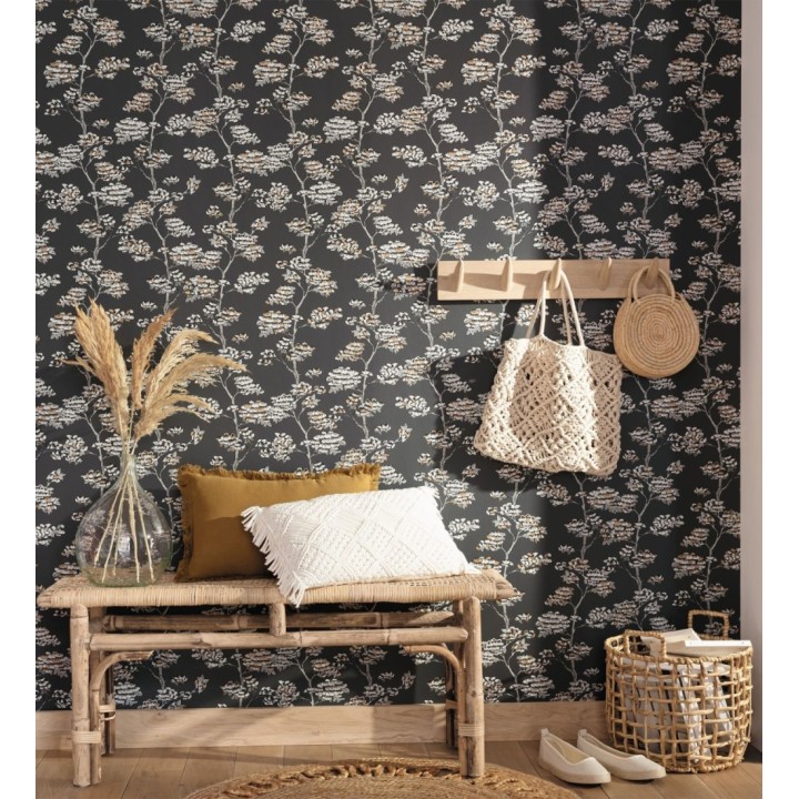 Papel pintado de hojas africanas fondo negro - Niara 128714