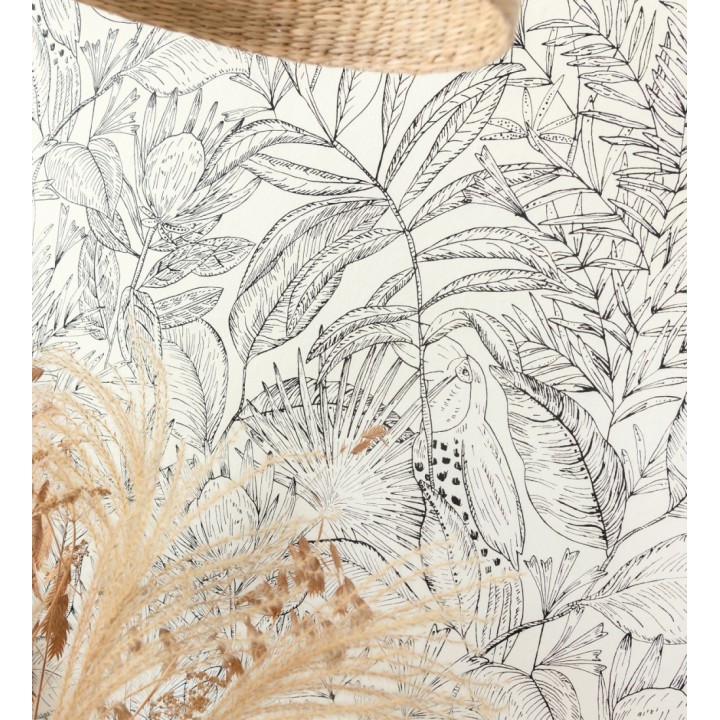 Papel pintado de hojas y tucanes fondo blanco - Nueva Guinea 128720