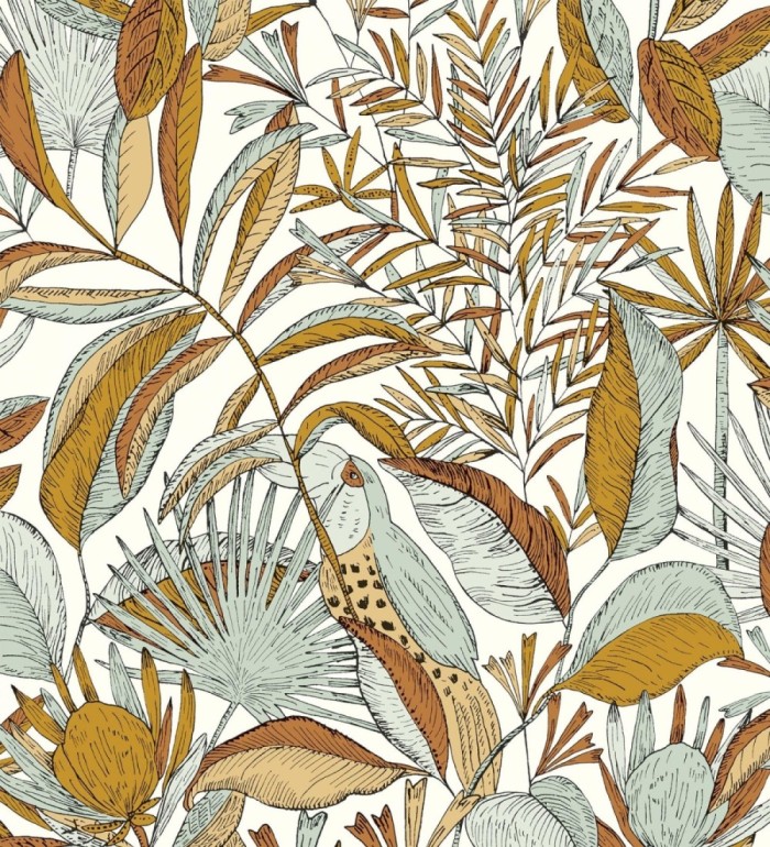 Papel pintado de hojas y tucanes verde claro - Nueva Guinea 128721