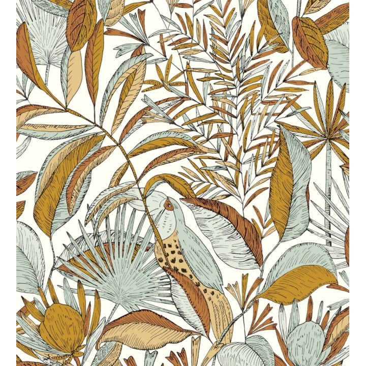 Papel pintado de hojas y tucanes verde claro - Nueva Guinea 128721