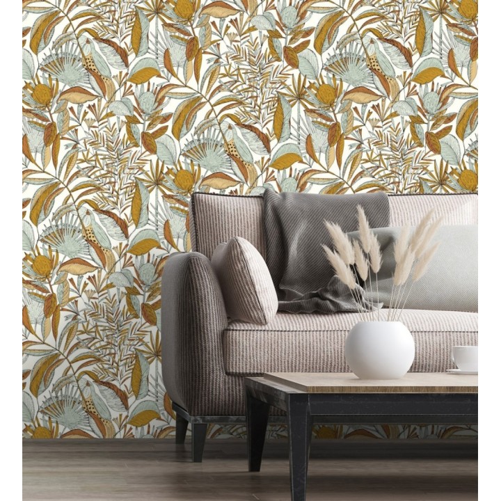 Papel pintado de hojas y tucanes verde claro - Nueva Guinea 128721