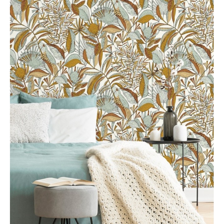 Papel pintado de hojas y tucanes verde claro - Nueva Guinea 128721