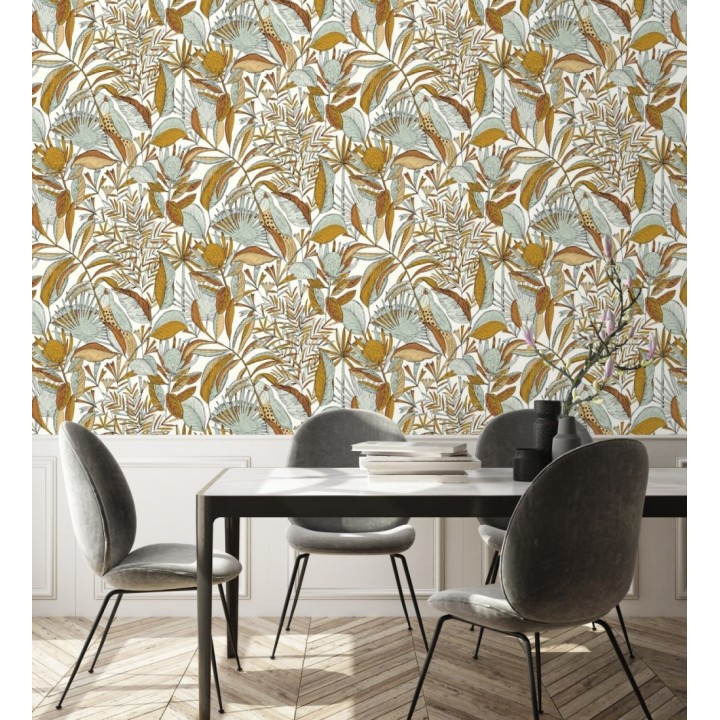 Papel pintado de hojas y tucanes verde claro - Nueva Guinea 128721