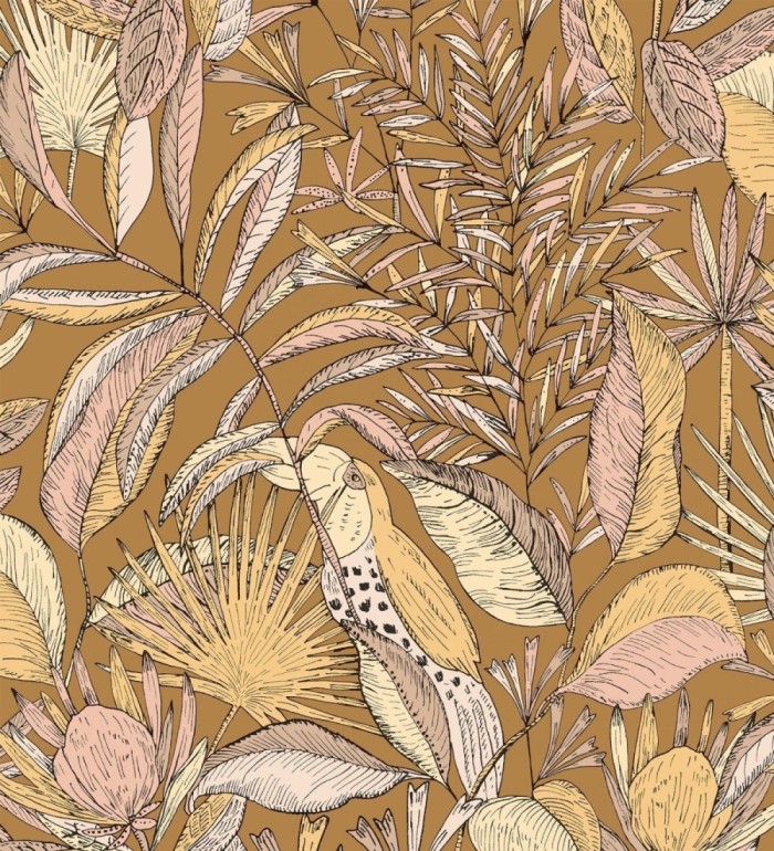 Papel pintado de hojas y tucanes tonos ocres - Nueva Guinea 128722