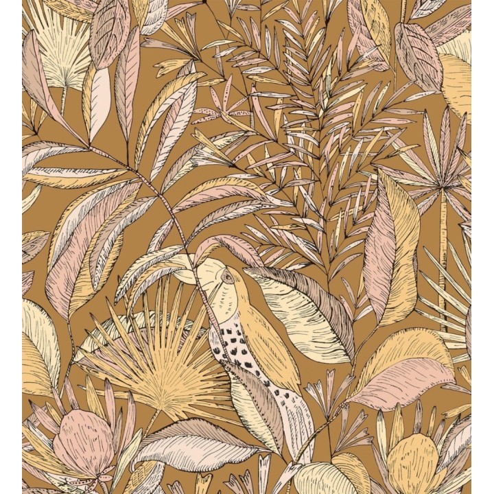 Papel pintado de hojas y tucanes tonos ocres - Nueva Guinea 128722