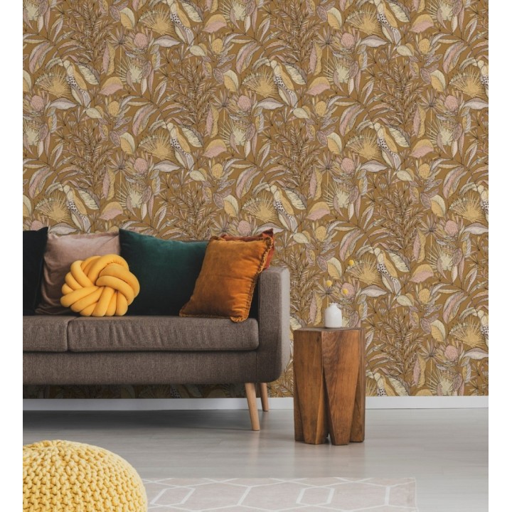 Papel pintado de hojas y tucanes tonos ocres - Nueva Guinea 128722