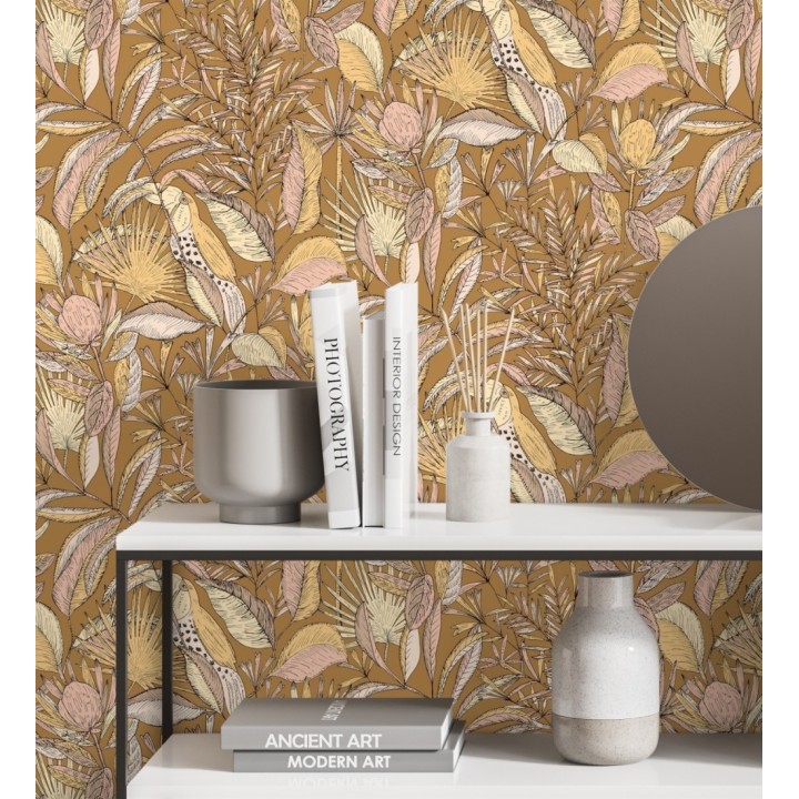 Papel pintado de hojas y tucanes tonos ocres - Nueva Guinea 128722