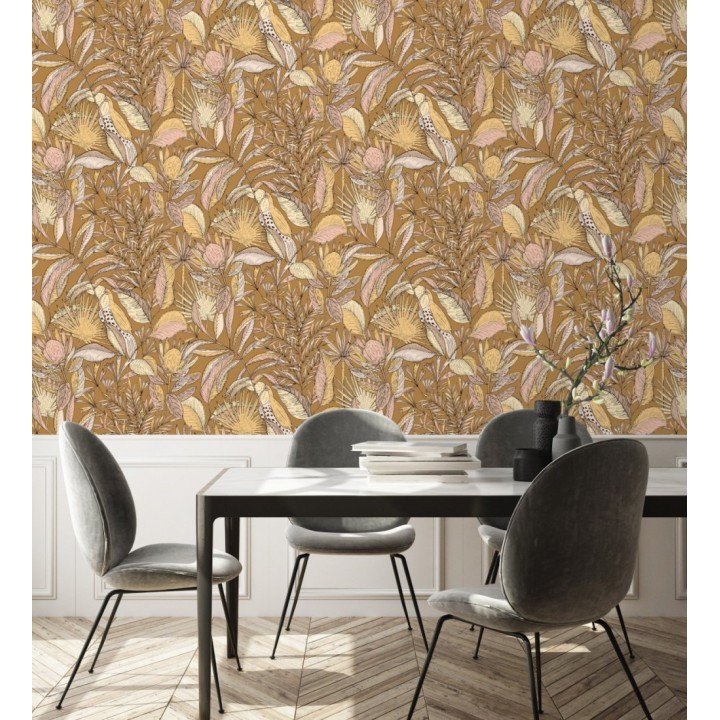 Papel pintado de hojas y tucanes tonos ocres - Nueva Guinea 128722