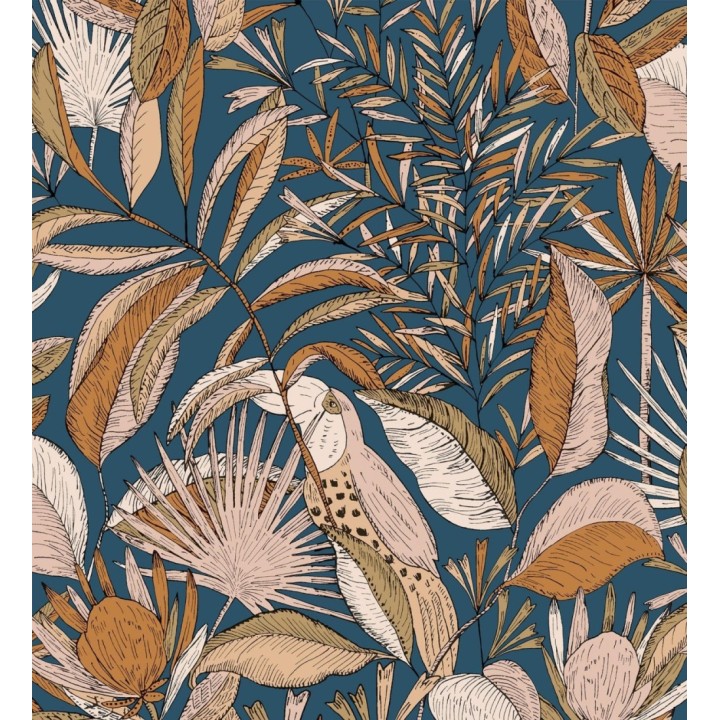 Papel pintado de hojas y tucanes fondo azul - Nueva Guinea 128723